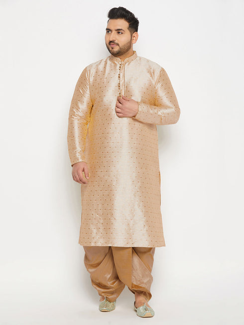 Vastramay Men's Plus Size Gold Zari Weaved Kurta Dhoti Set